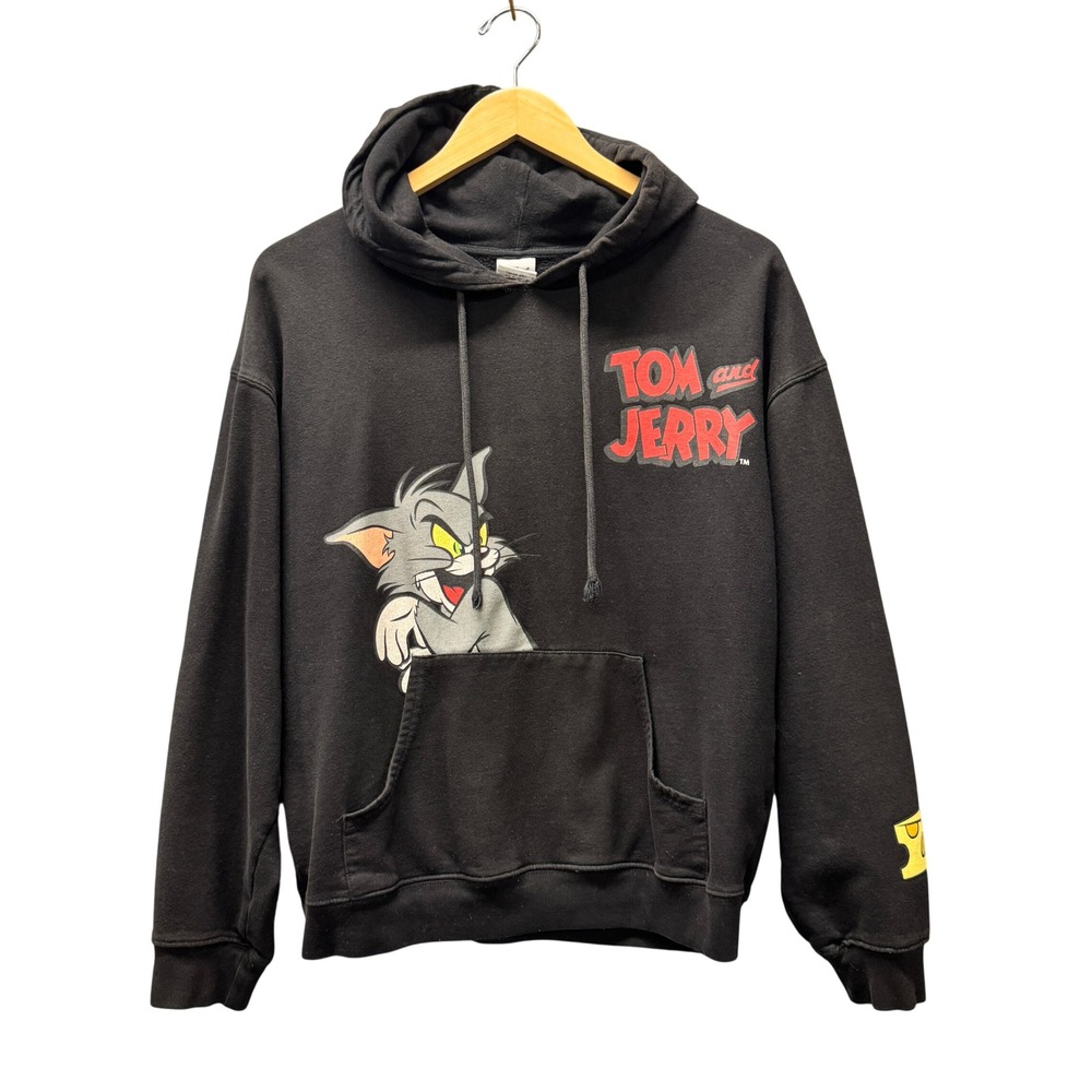 Tom and Jerry Hoodie Womens Medium Graphic Print Pullover Black Cartoon